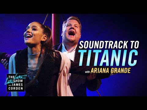 , Ariana Grande e James Corden recriam história do filme &#8220;Titanic&#8221;. Veja o vídeo