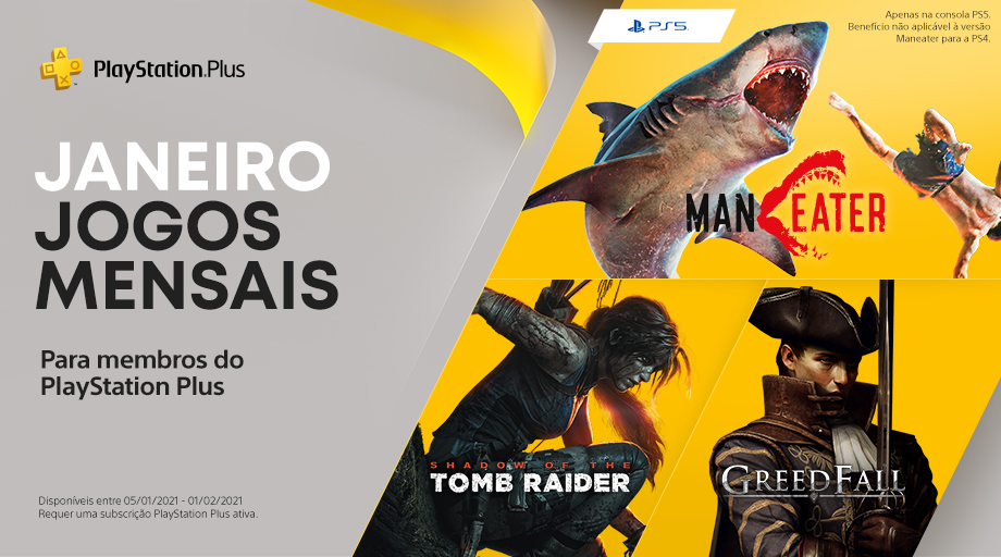 Shadow of the Tomb Raider e Maneater s&atilde;o dois dos jogos de Janeiro no PlayStation Plus