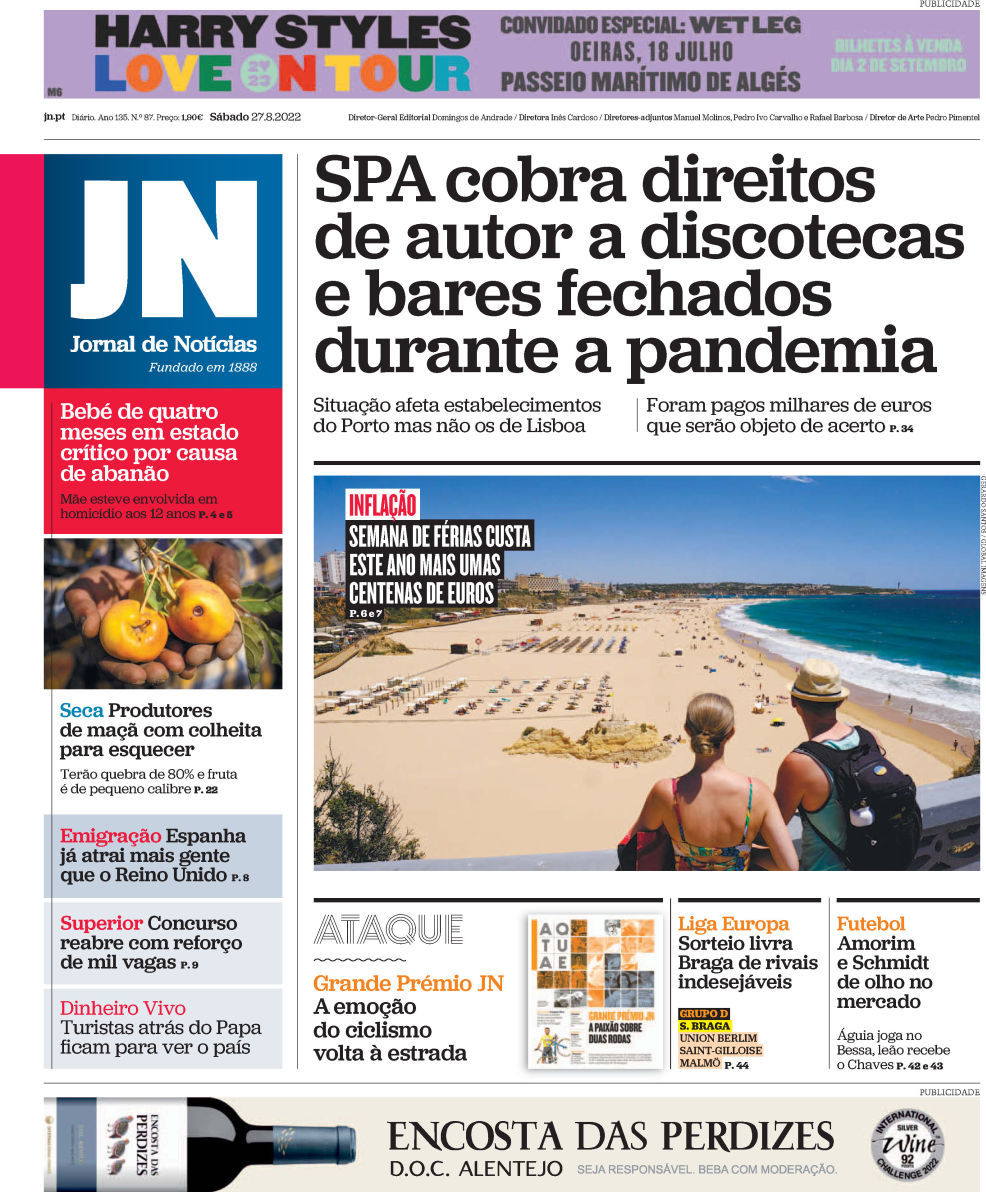 , Jornal de Notícias: Capa da Edição de sábado, 27 de agosto 2022