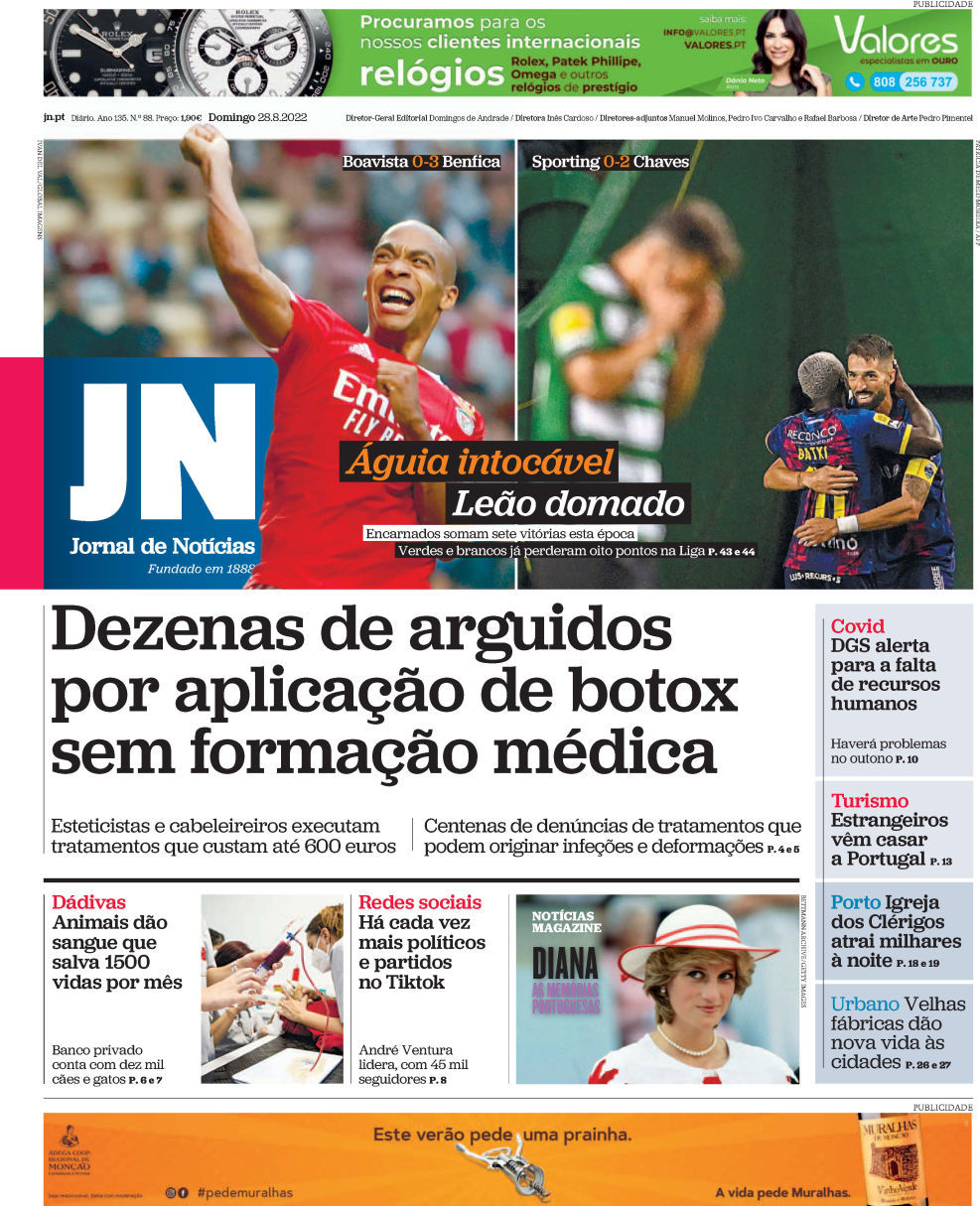 Jornal de Notícias, Jornal de Notícias: Capa da Edição de domingo, 28 de agosto 2022