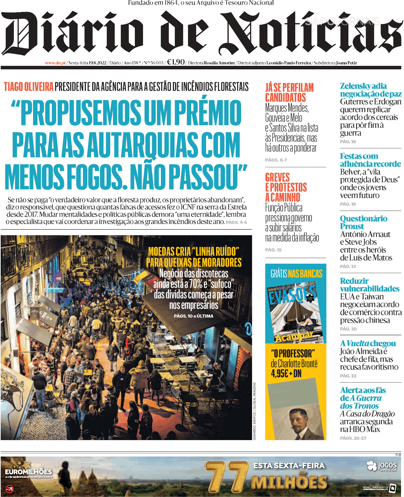 , Capa jornal Diário de Notícias · 19 agosto 2022
