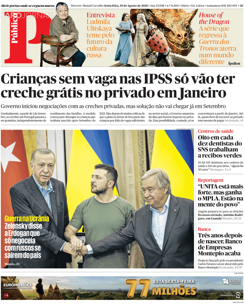 , Capa jornal Público · 19 agosto 2022
