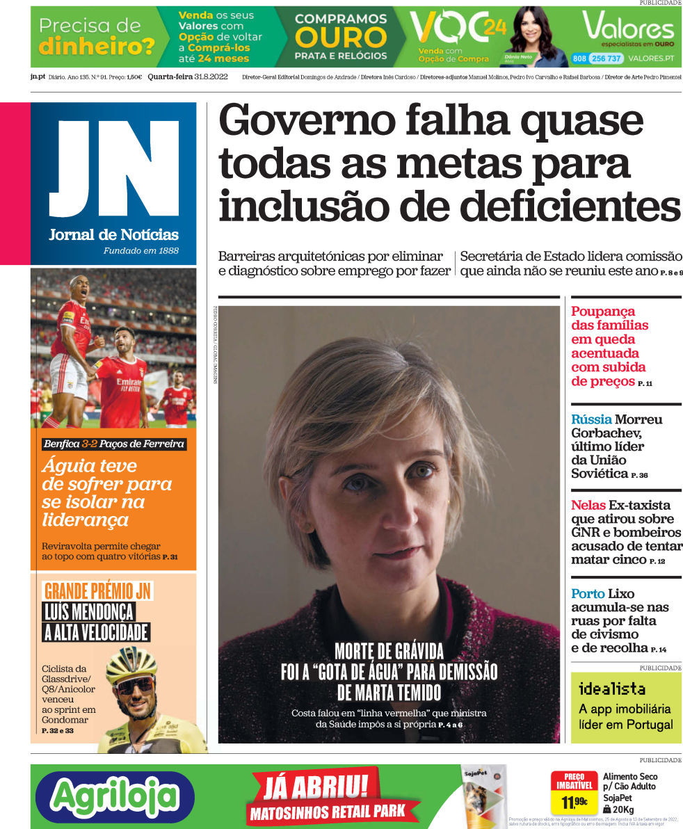 Jornal de Notícias, Jornal de Notícias: Capa da Edição de quarta-feira, 31 de agosto 2022