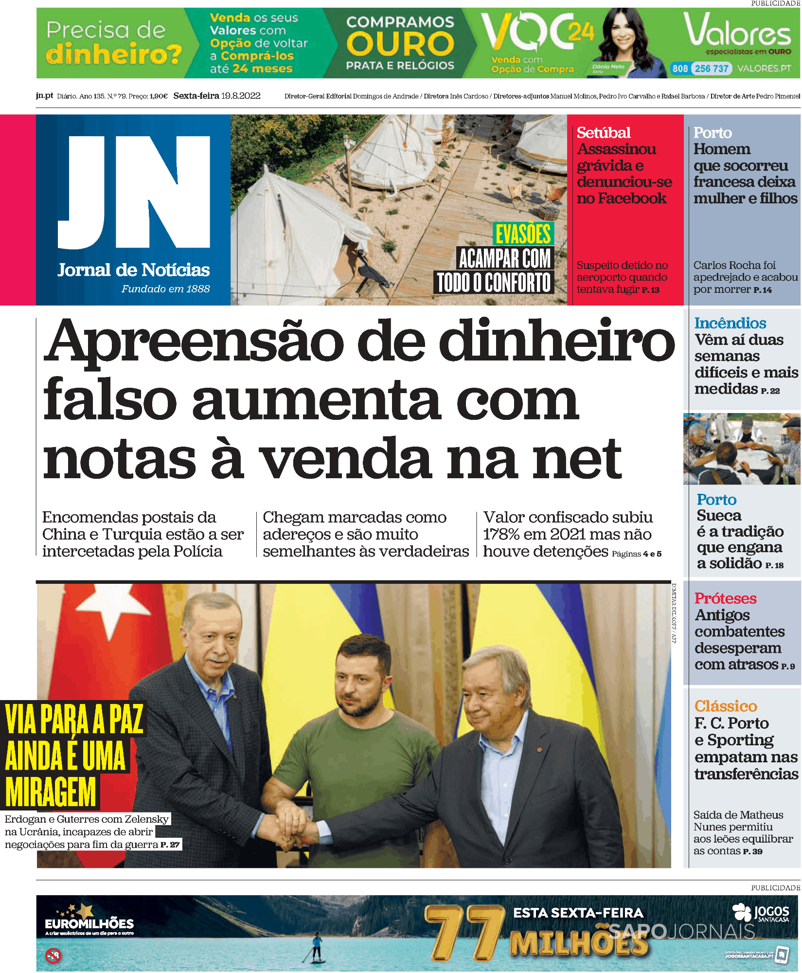 , Capa Jornal de Notícias · 19 agosto 2022