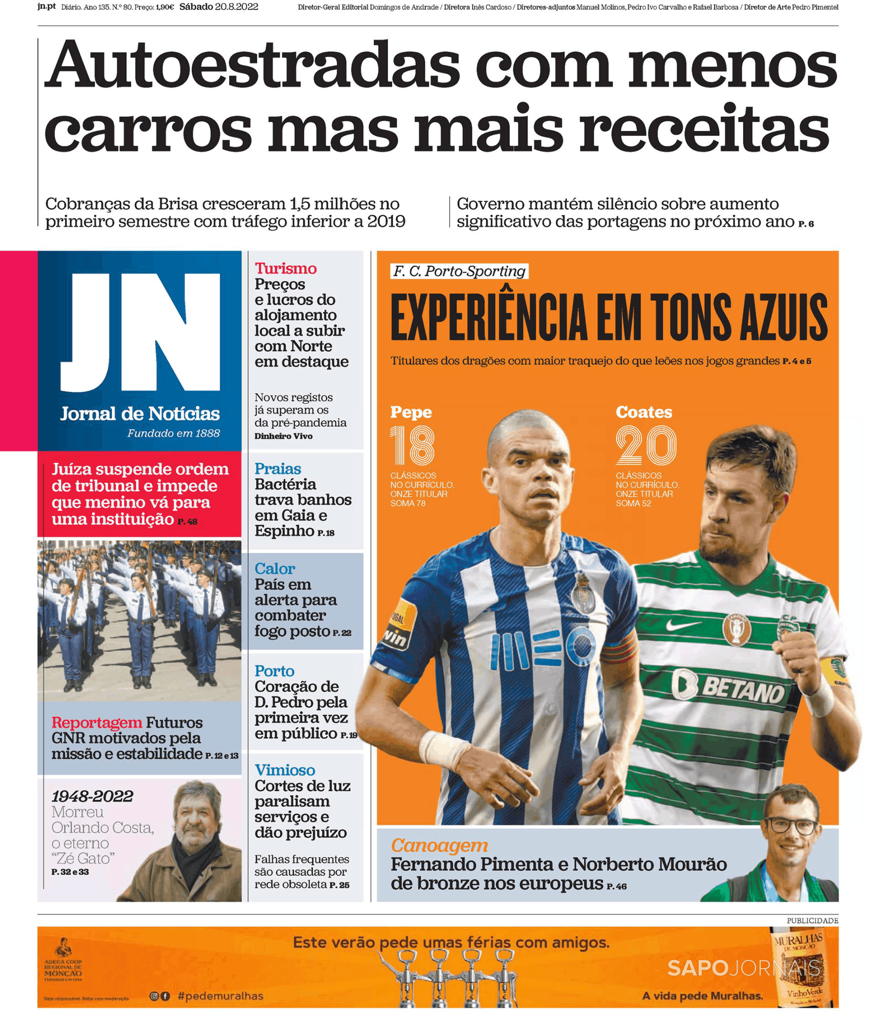 , Capa Jornal de Notícias · 20 agosto 2022