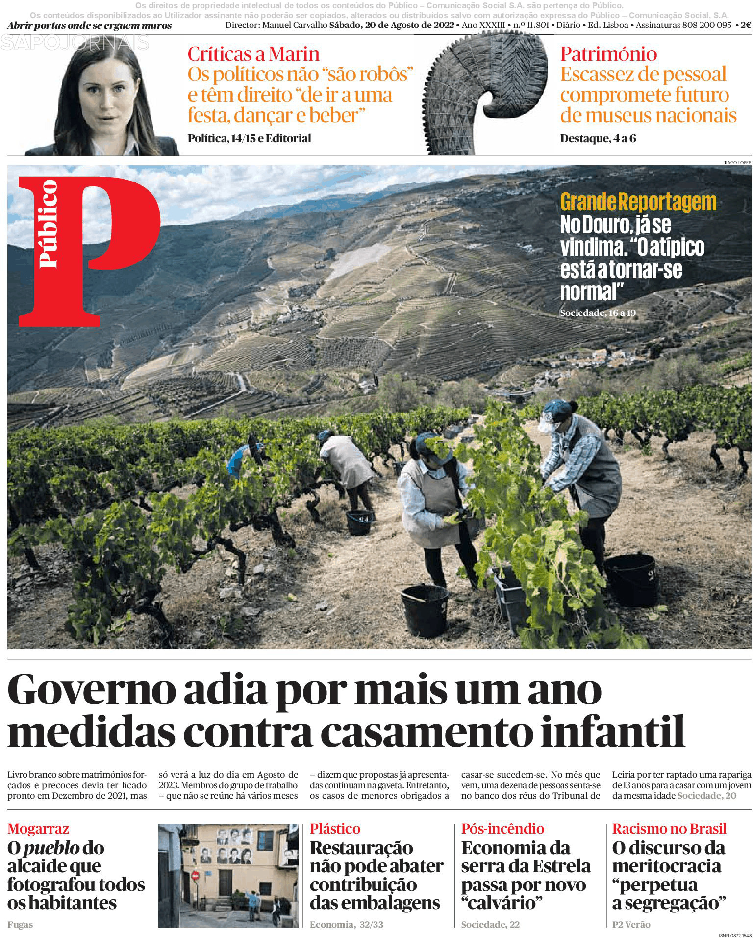 Público, Capa jornal Público · 20 agosto 2022