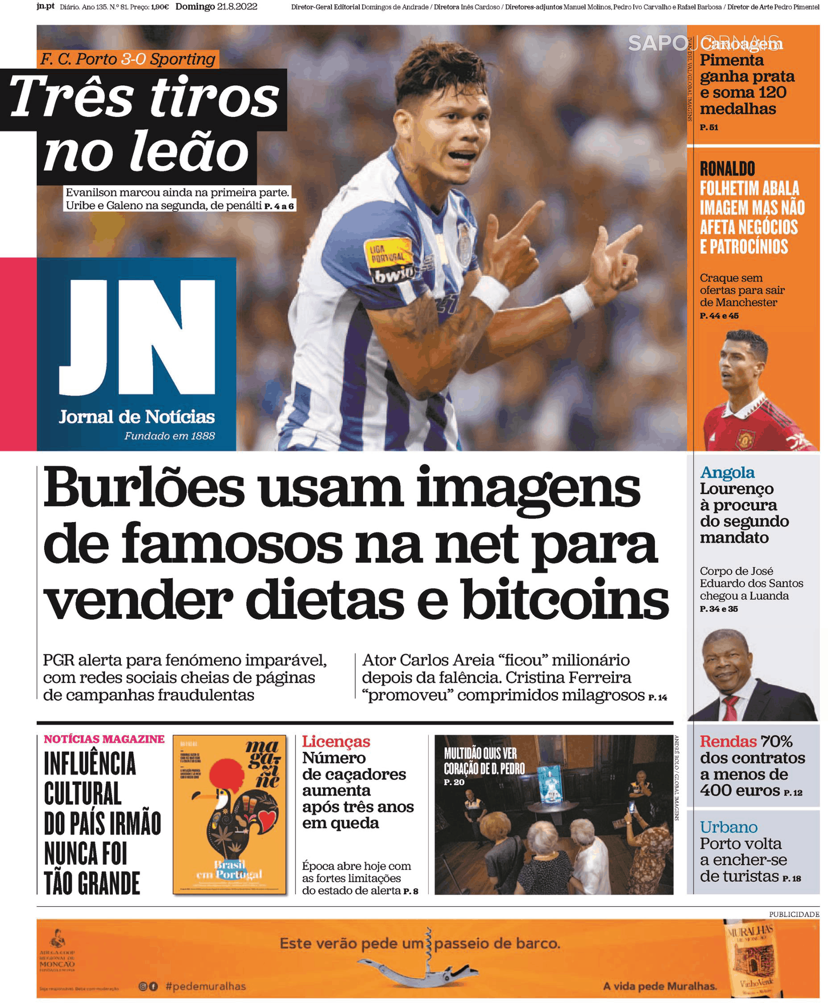 Capa jornal Jornal de Notícias · 21 ago 2022