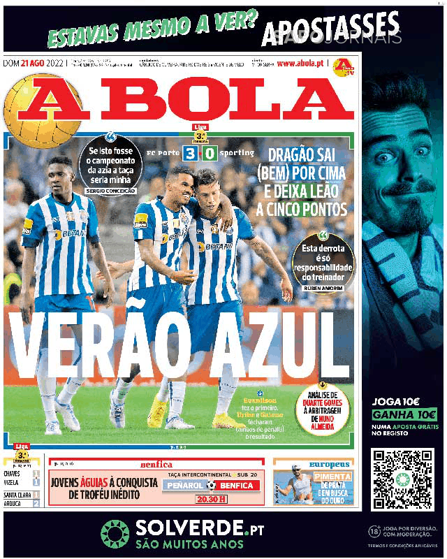 A Bola, Capa jornal A Bola · 21 agosto 2022