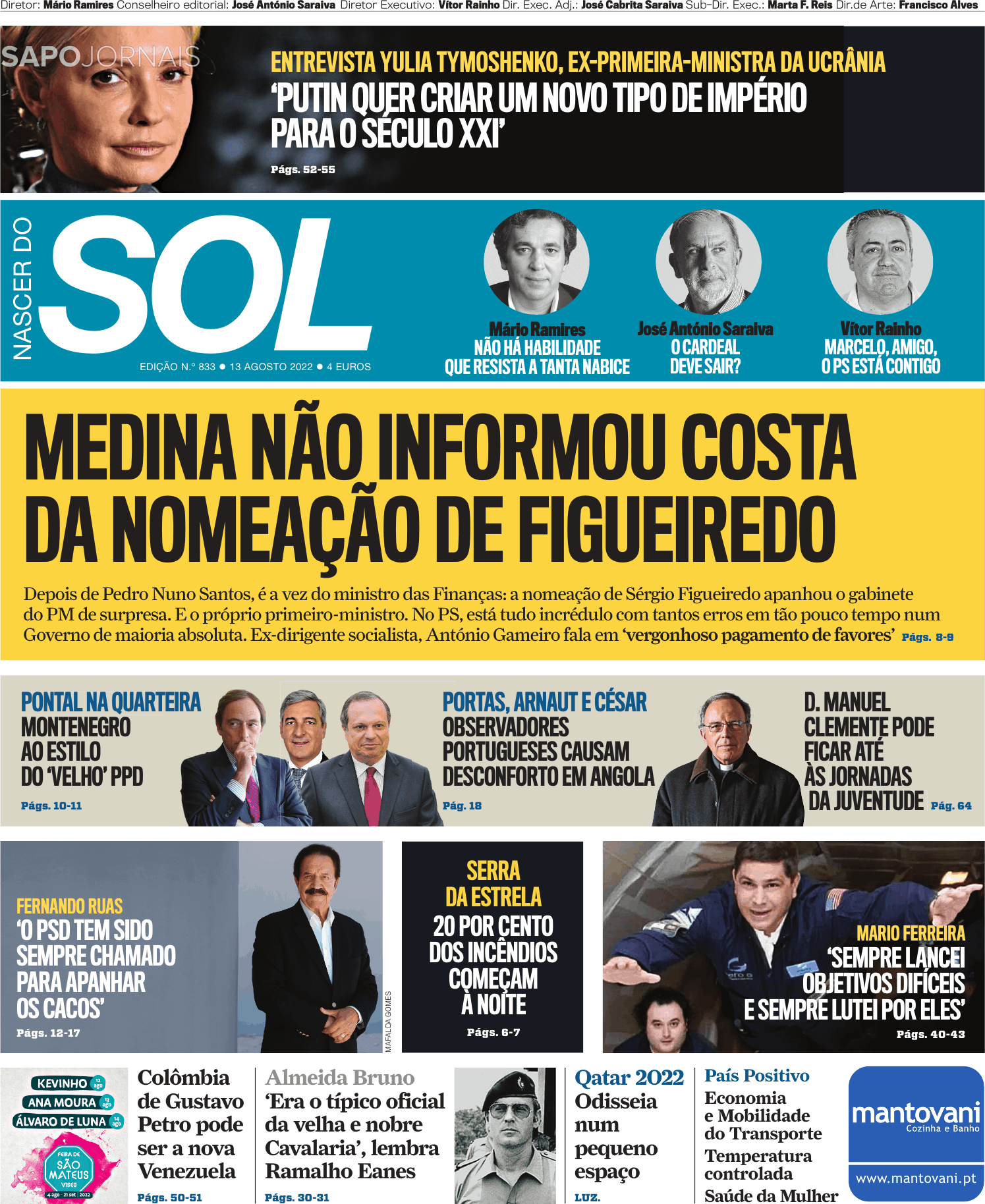 , Capa jornal Nascer do SOL · 13 agosto 2022