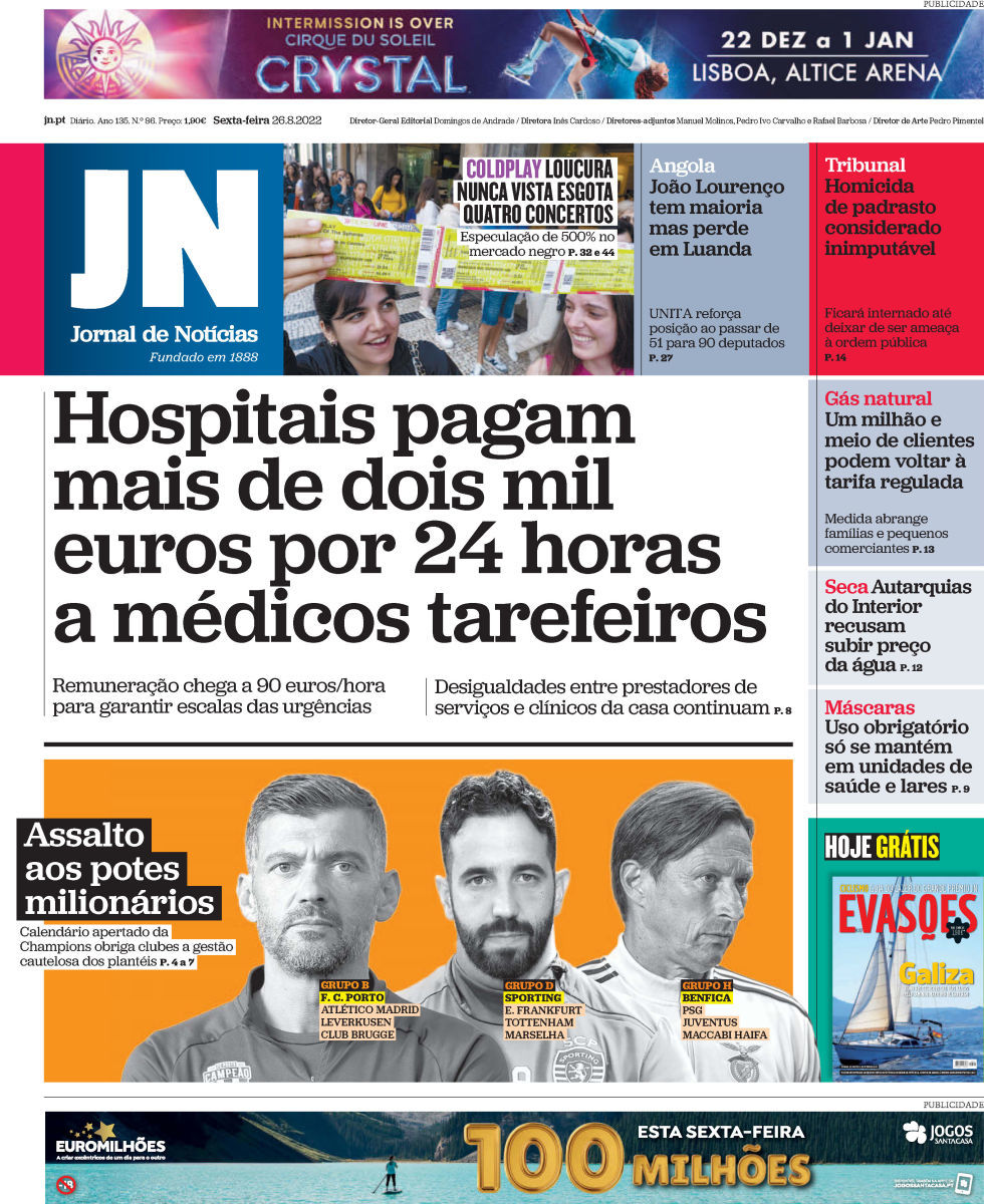 , Jornal de Notícias: Capa da Edição de sexta-feira, 26 de agosto 2022