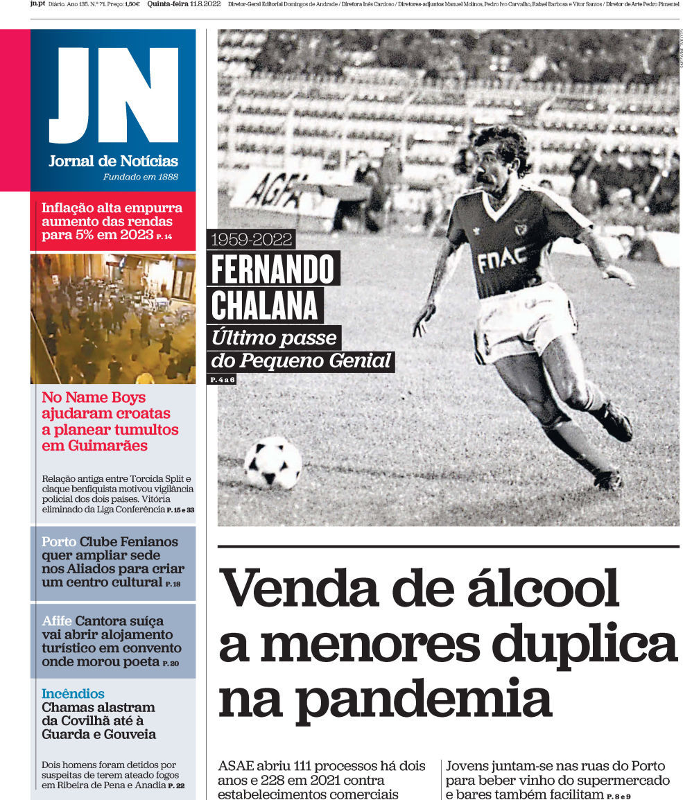 , Jornal de Notícias: Edição de quinta-feira, 11 de agosto 2022