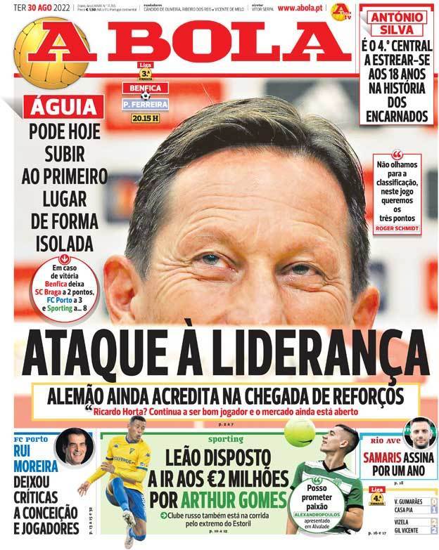 Jornal A Bola, A Bola: Capa da Edição de terça-feira, 30 de agosto 2022