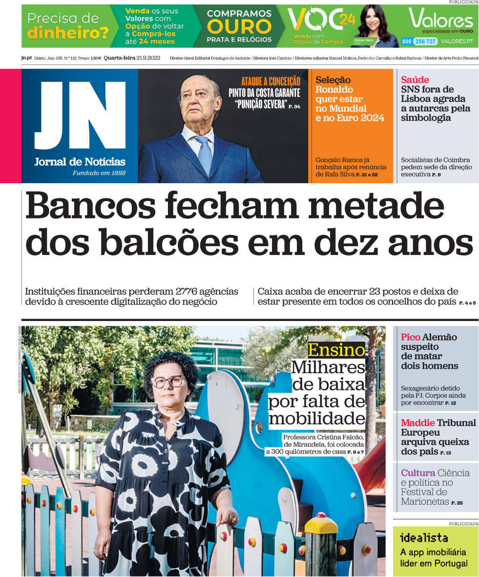 Jornal de Notícias, Jornal de Notícias: Capa da Edição de quarta-feira, 21 de setembro 2022