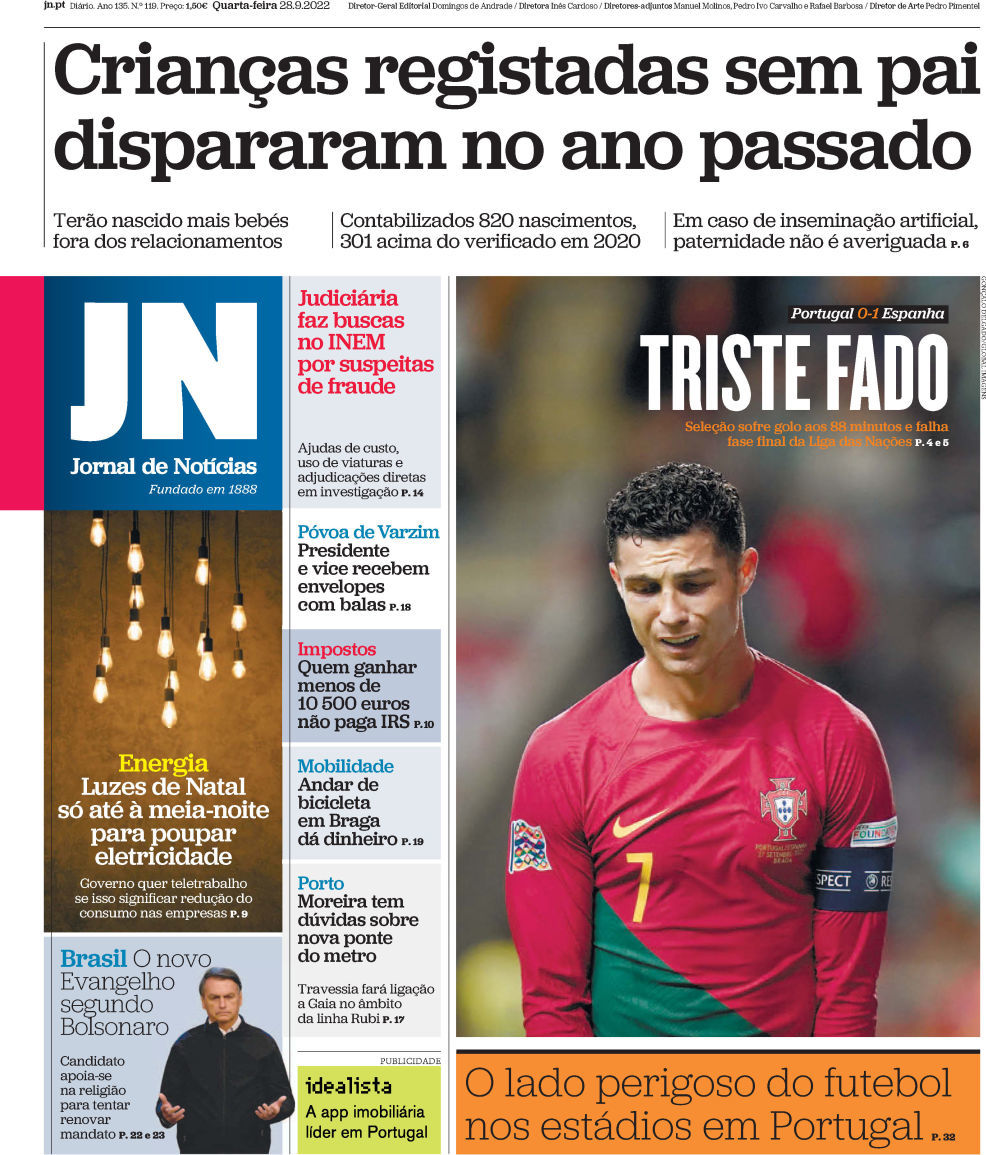 , Jornal de Notícias: Capa da Edição de quarta-feira, 28 de setembro 2022