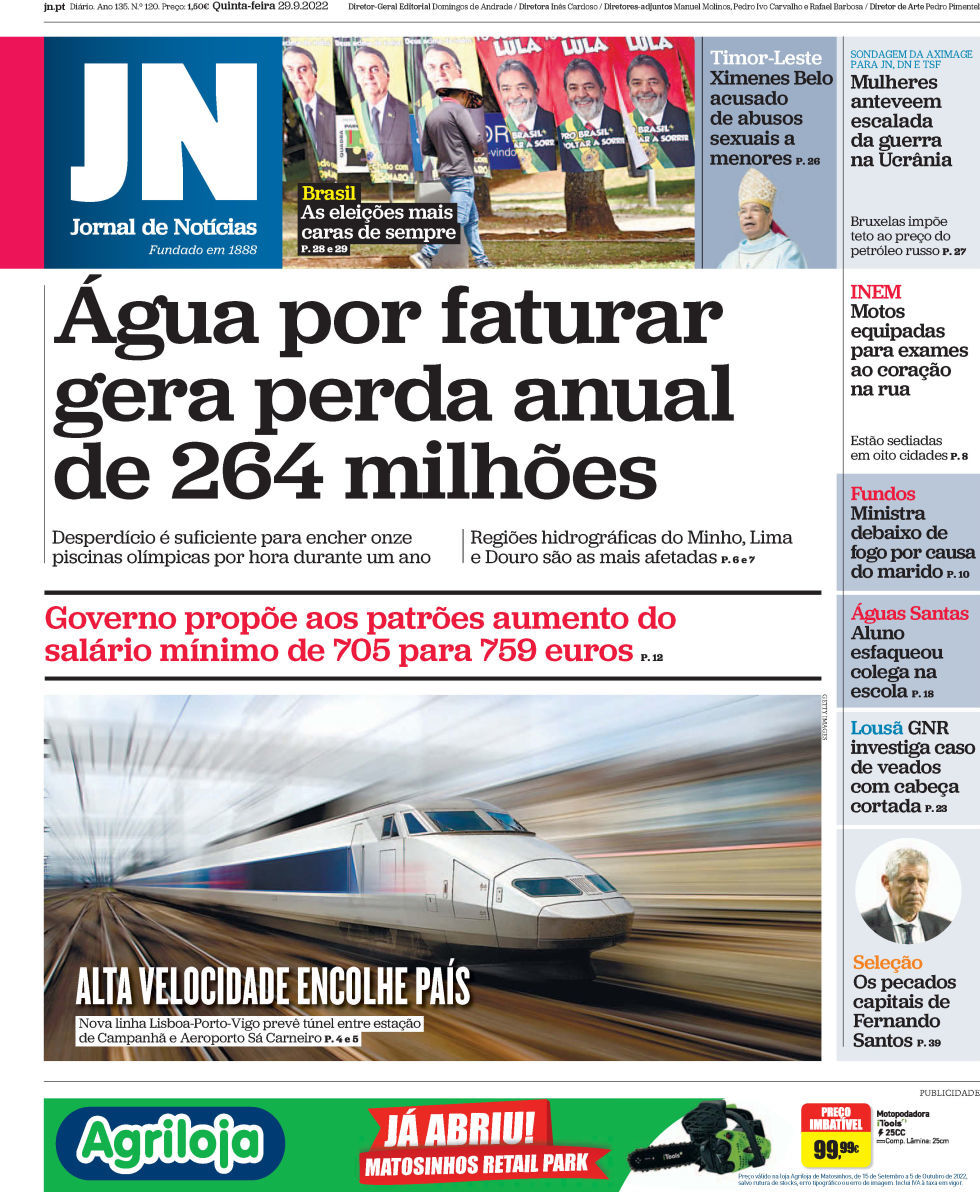 , Jornal de Notícias: Capa da Edição de quinta-feira, 29 de setembro 2022
