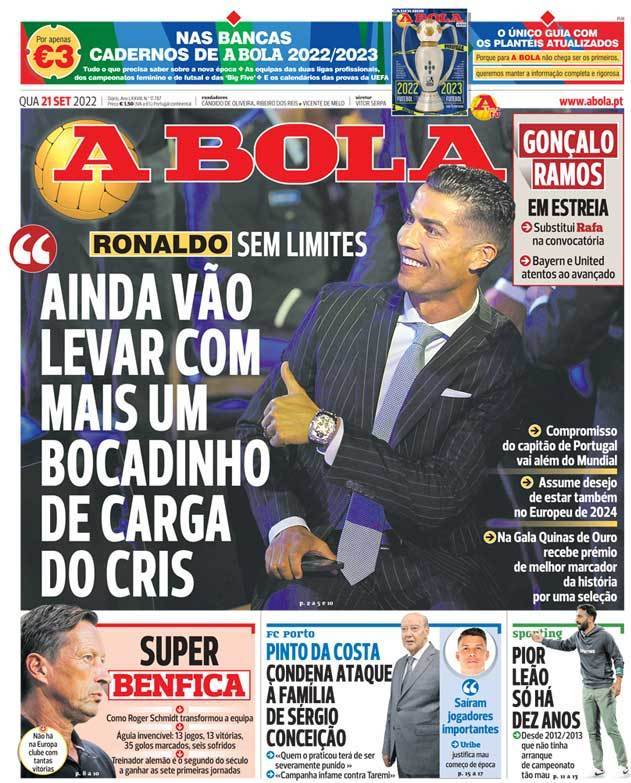 Jornal A Bola, A Bola: Capa da Edição de quarta-feira, 21 de setembro 2022