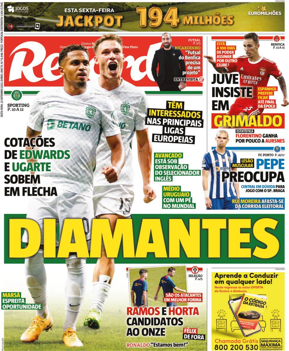 , Record: Capa da Edição de sexta-feira, 23 de setembro 2022