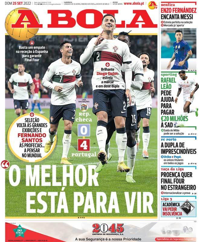 , A Bola: Capa da Edição de domingo, 25 de setembro 2022