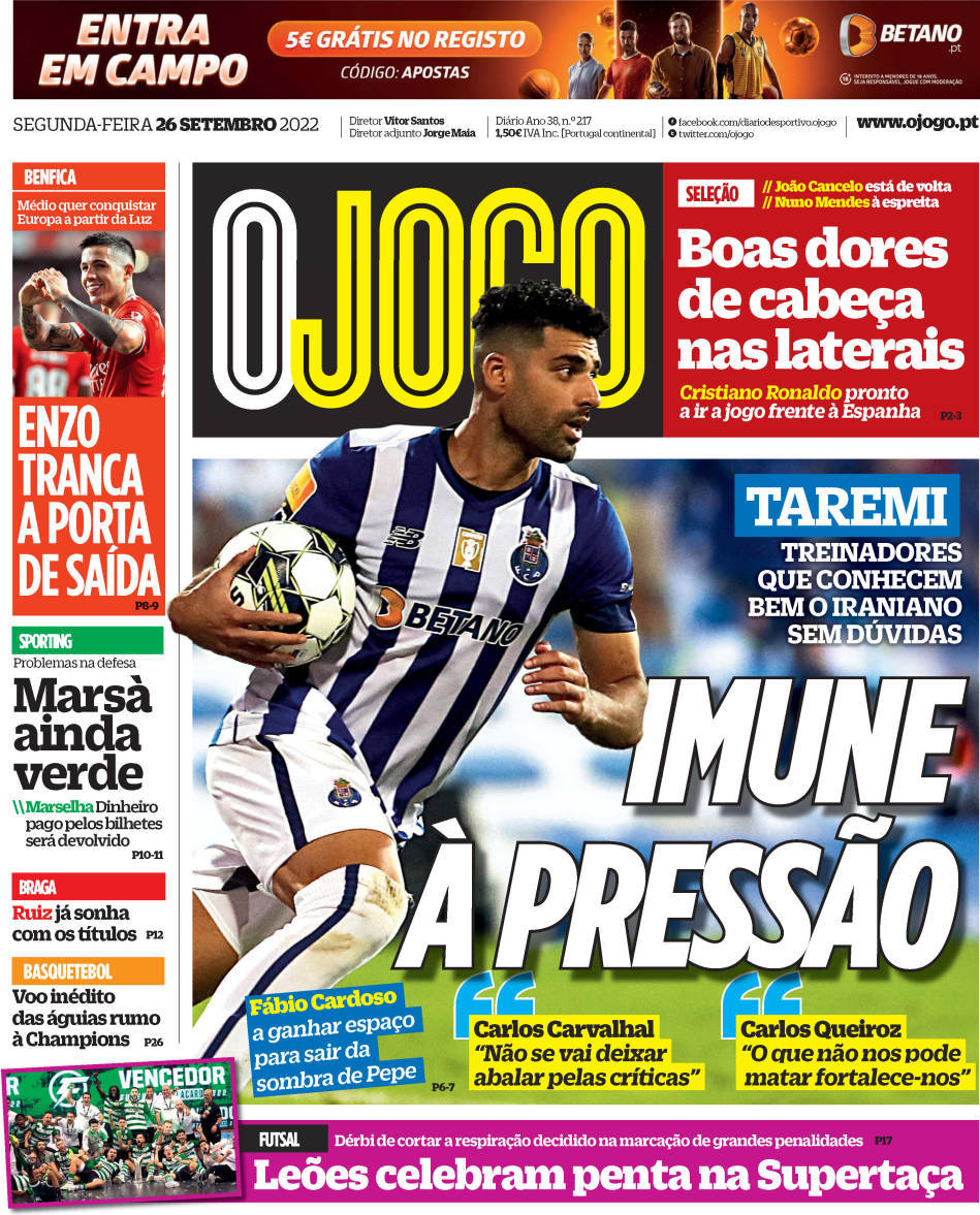 O Jogo: Capa da Edi&ccedil;&atilde;o de segunda-feira, 26 de setembro 2022