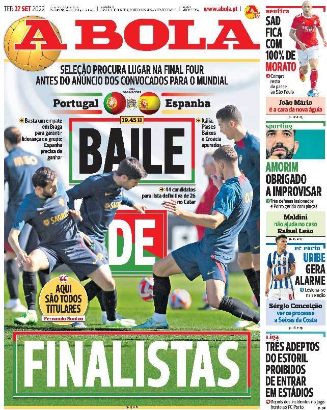 Jornal A Bola, A Bola: Capa da Edição de terça-feira, 27 de setembro 2022