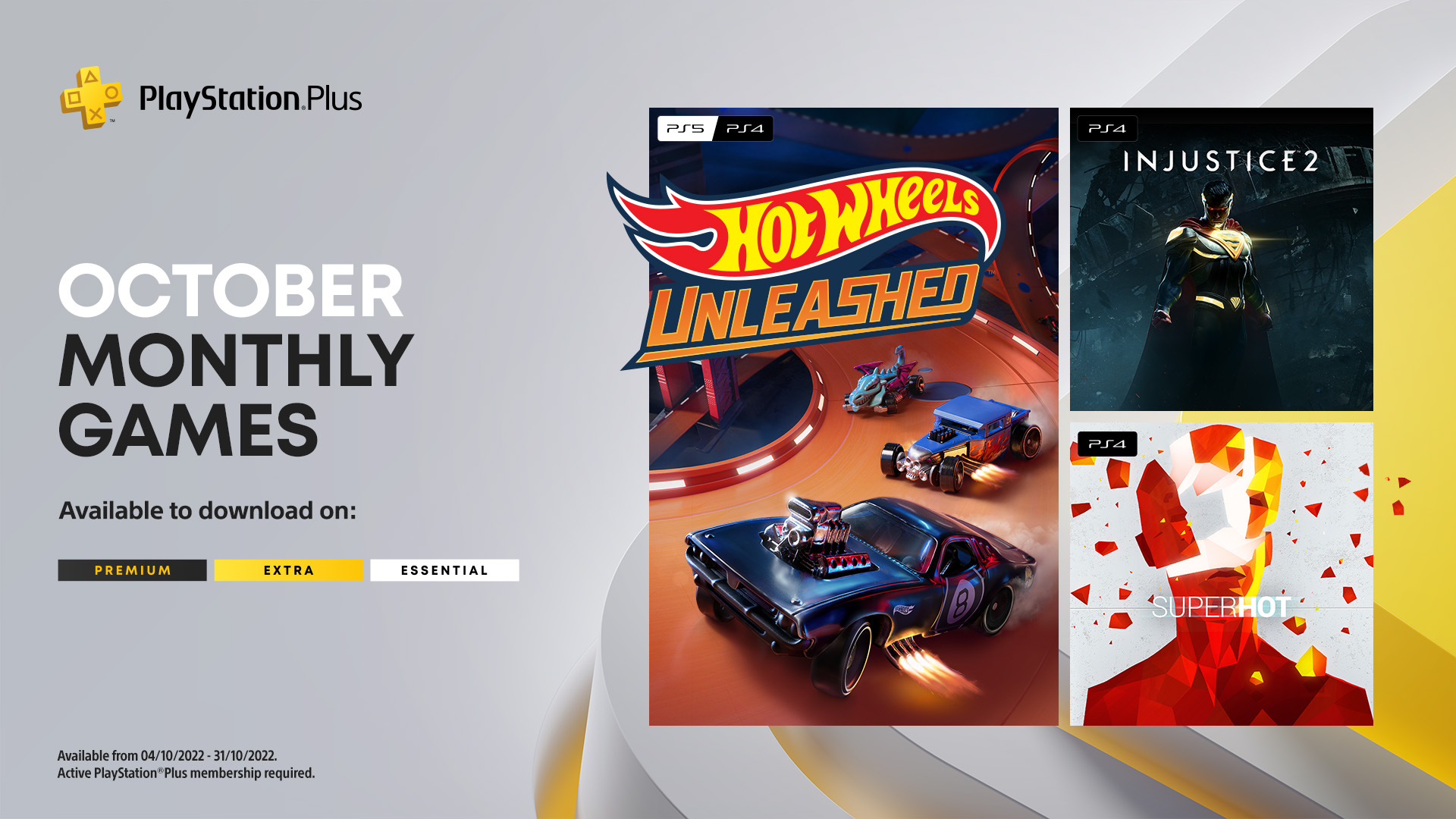 , Hot Wheels Unleashed, Injustice 2 e SUPERHOT são os jogos de outubro do PlayStation Plus