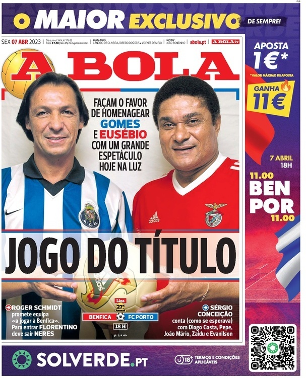 A Bola: Capa da Edi&ccedil;&atilde;o de sexta-feira, 07 de abril 2023