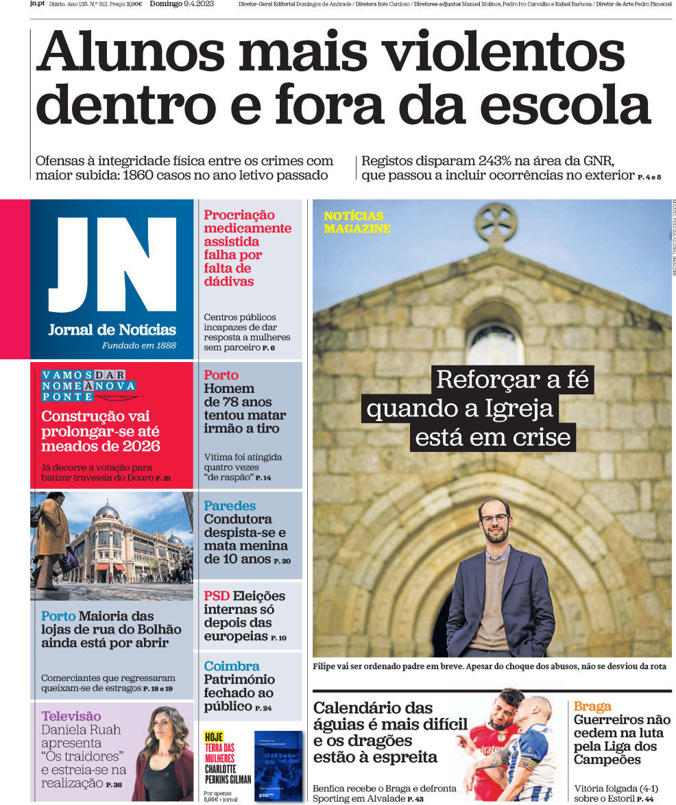 Jornal de Not&iacute;cias: Capa da Edi&ccedil;&atilde;o de domingo, 09 de abril 2023