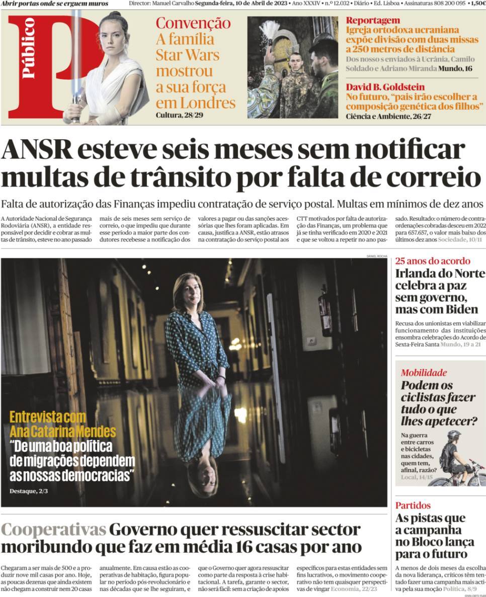 P&uacute;blico: Capa da Edi&ccedil;&atilde;o de segunda-feira, 10 de abril 2023
