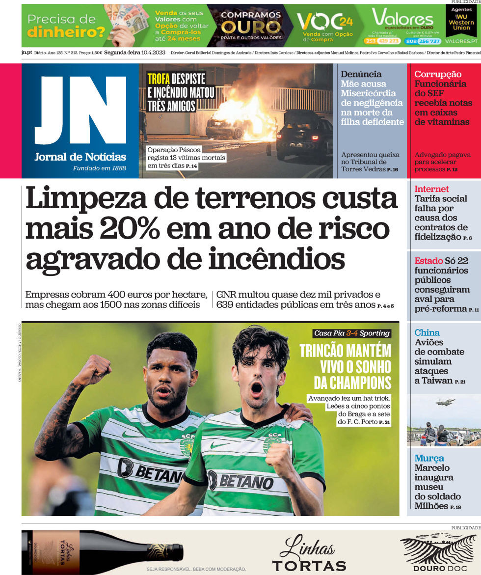 Jornal de Not&iacute;cias: Capa da Edi&ccedil;&atilde;o de segunda-feira, 10 de abril 2023