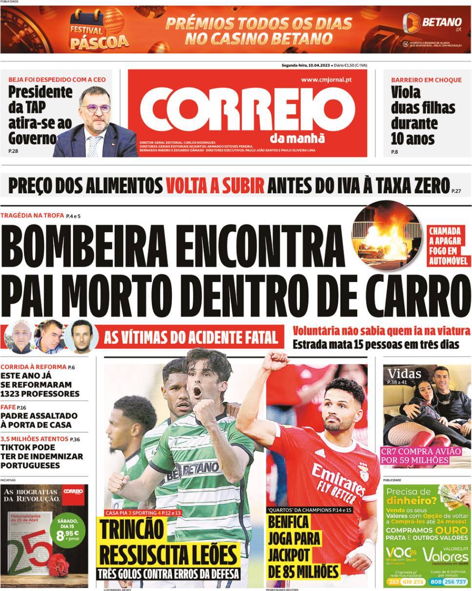 Correio da Manh&atilde;: Capa da Edi&ccedil;&atilde;o de segunda-feira, 10 de abril 2023