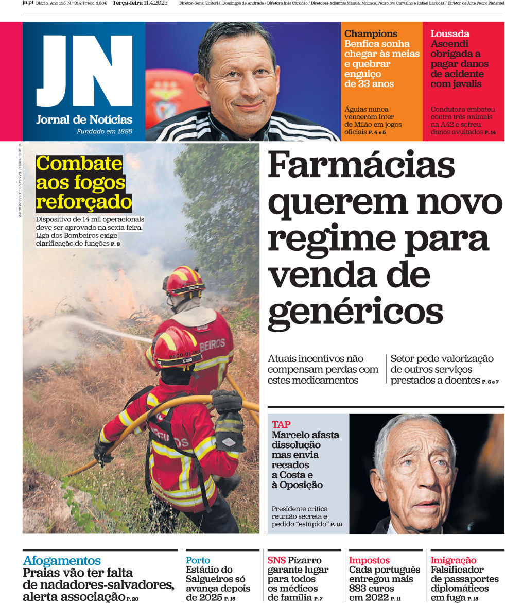 Jornal de Not&iacute;cias: Capa da Edi&ccedil;&atilde;o de ter&ccedil;a-feira, 11 de abril 2023