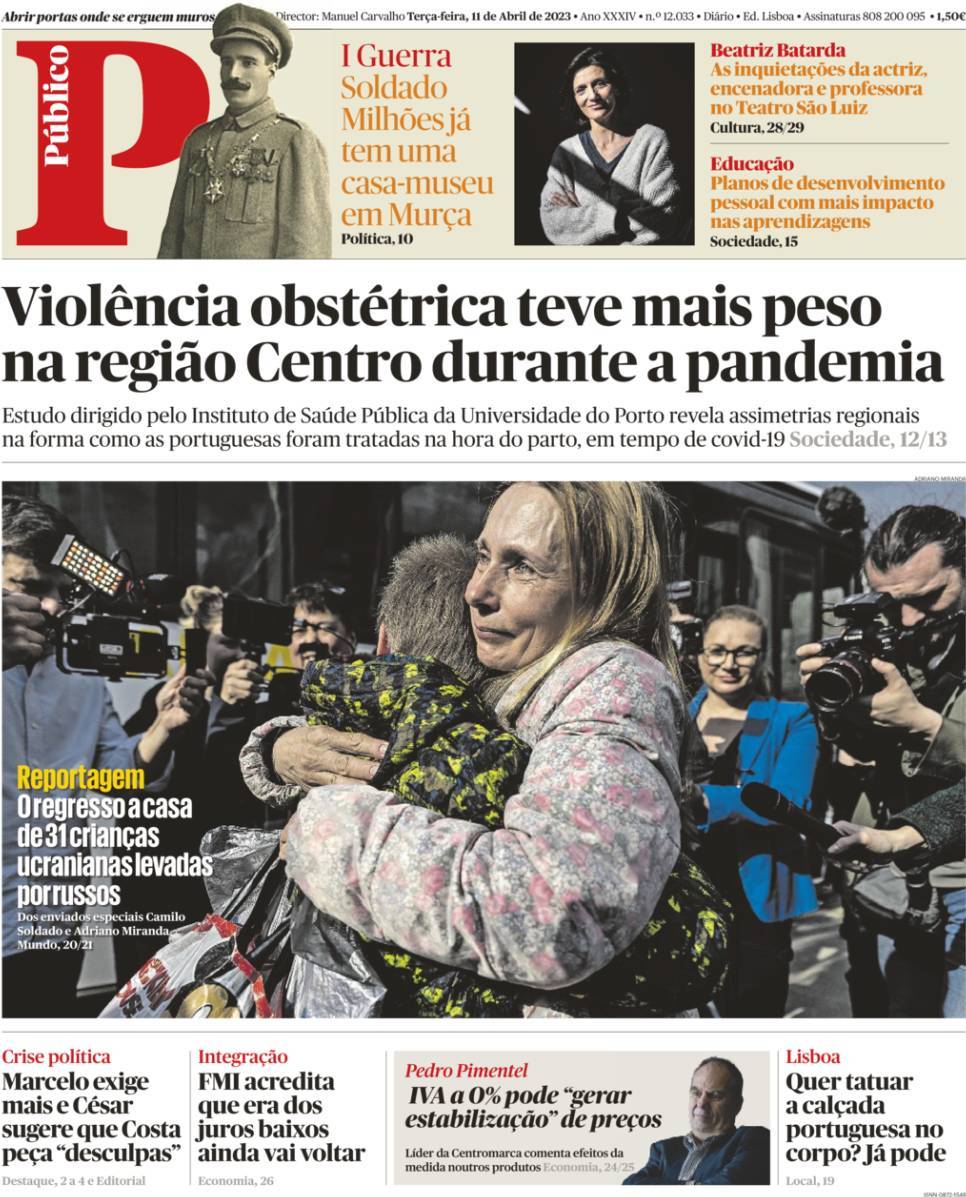 P&uacute;blico: Capa da Edi&ccedil;&atilde;o de ter&ccedil;a-feira, 11 de abril 2023