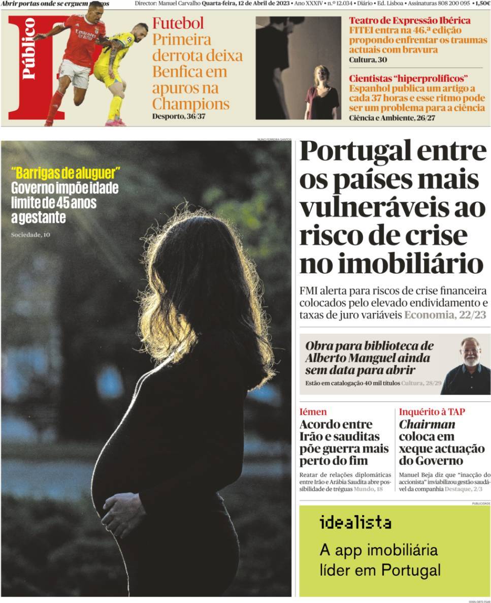 P&uacute;blico: Capa da Edi&ccedil;&atilde;o de quarta-feira, 12 de abril 2023