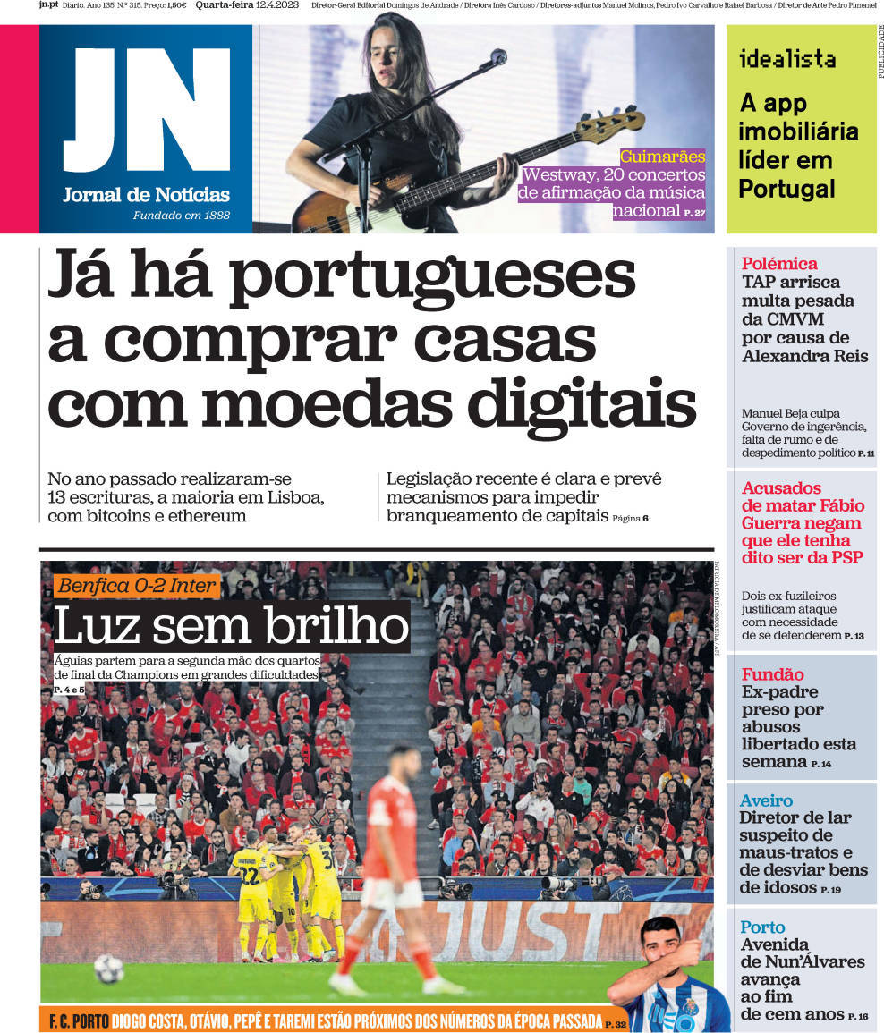 Jornal de Not&iacute;cias: Capa da Edi&ccedil;&atilde;o de quarta-feira, 12 de abril 2023