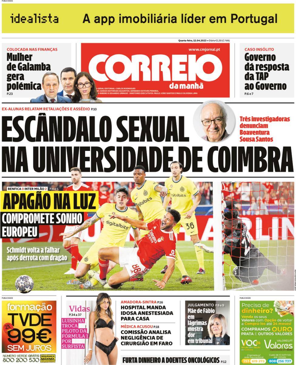 Correio da Manh&atilde;: Capa da Edi&ccedil;&atilde;o de quarta-feira, 12 de abril 2023