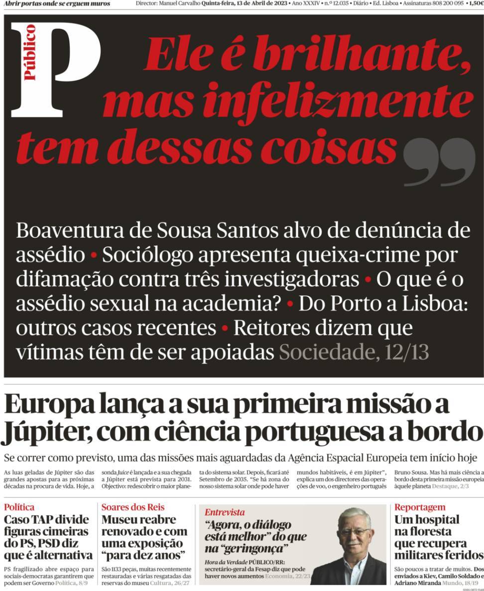 P&uacute;blico: Capa da Edi&ccedil;&atilde;o de quinta-feira, 13 de abril 2023