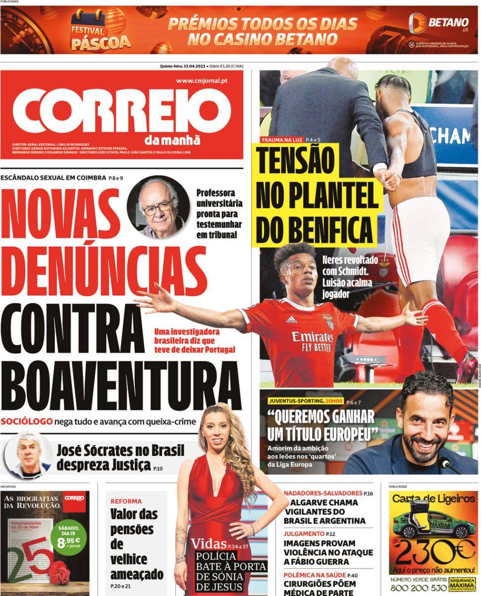 Correio da Manh&atilde;: Capa da Edi&ccedil;&atilde;o de quinta-feira, 13 de abril 2023