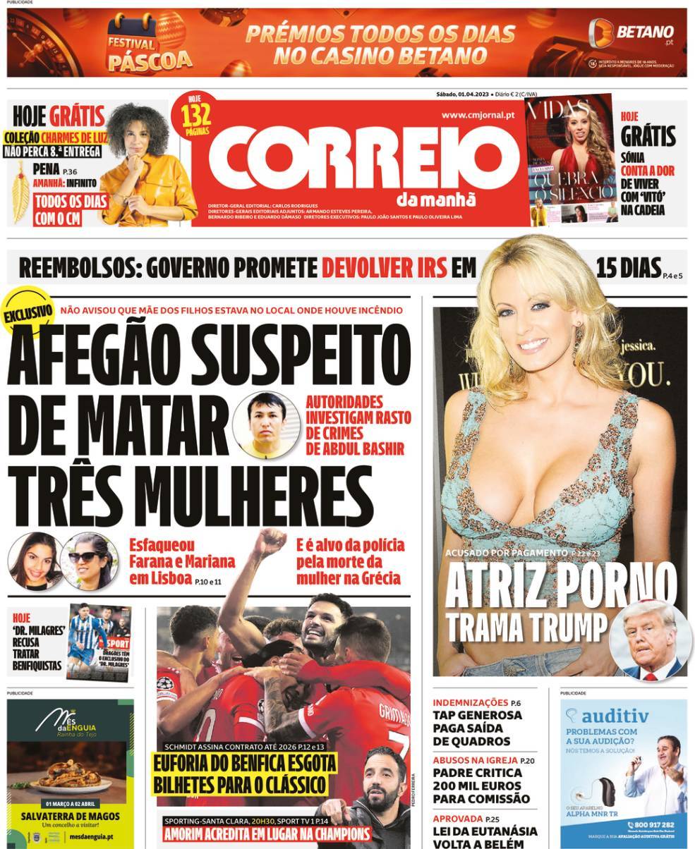 Correio da Manh&atilde;: Capa da Edi&ccedil;&atilde;o de s&aacute;bado, 01 de abril 2023