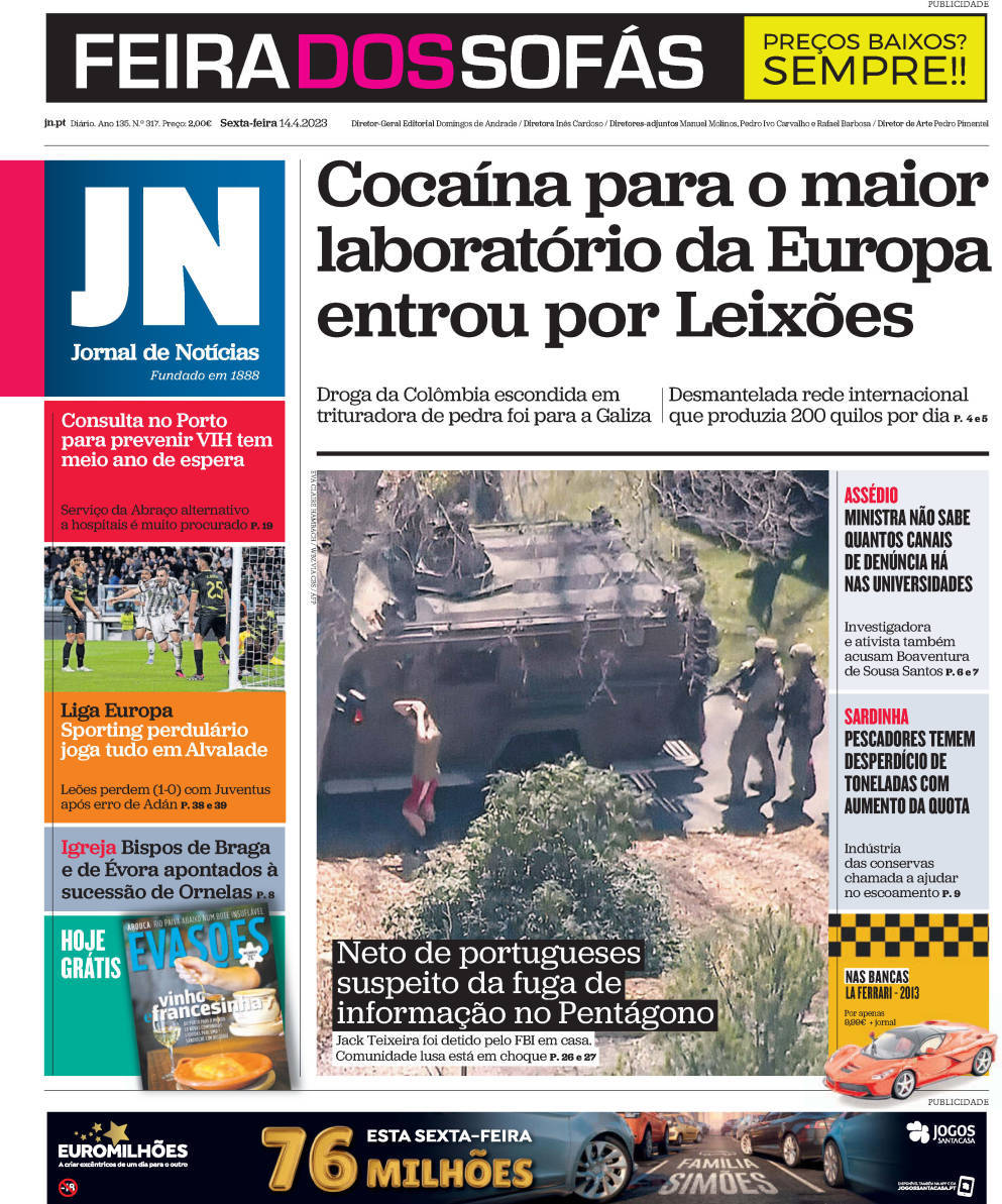 Jornal de Not&iacute;cias: Capa da Edi&ccedil;&atilde;o de sexta-feira, 14 de abril 2023