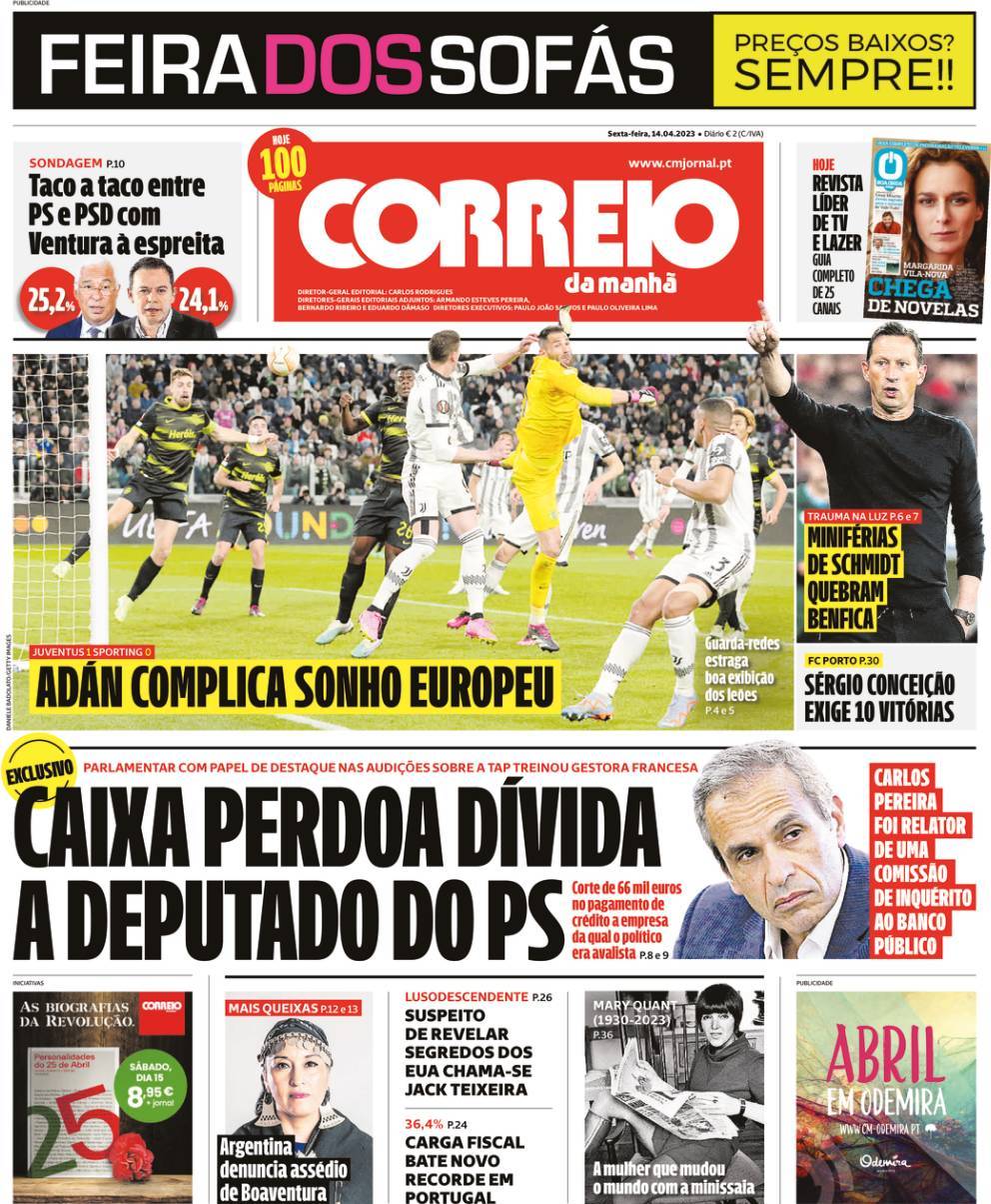 Correio da Manh&atilde;: Capa da Edi&ccedil;&atilde;o de sexta-feira, 14 de abril 2023