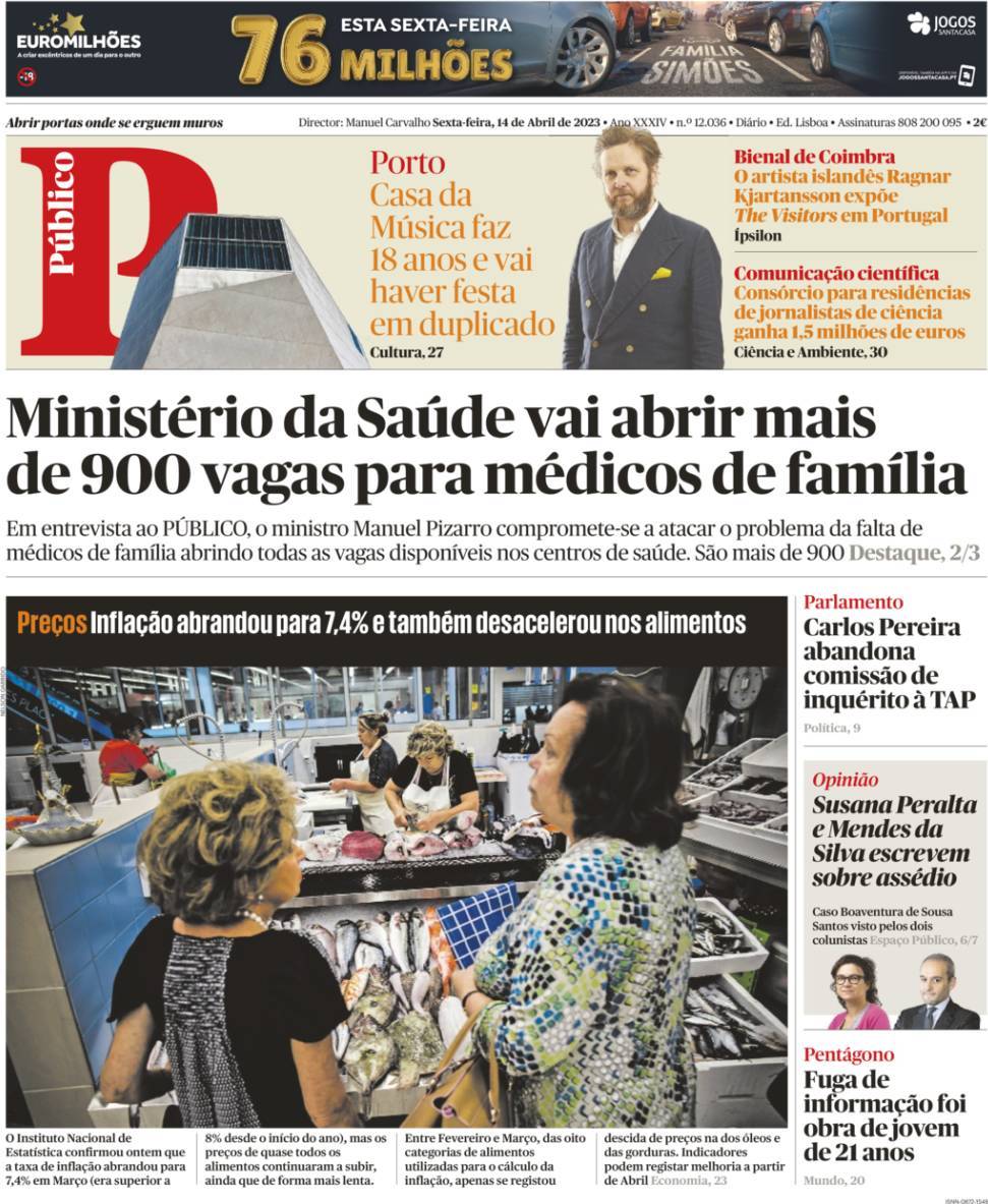 P&uacute;blico: Capa da Edi&ccedil;&atilde;o de sexta-feira, 14 de abril 2023