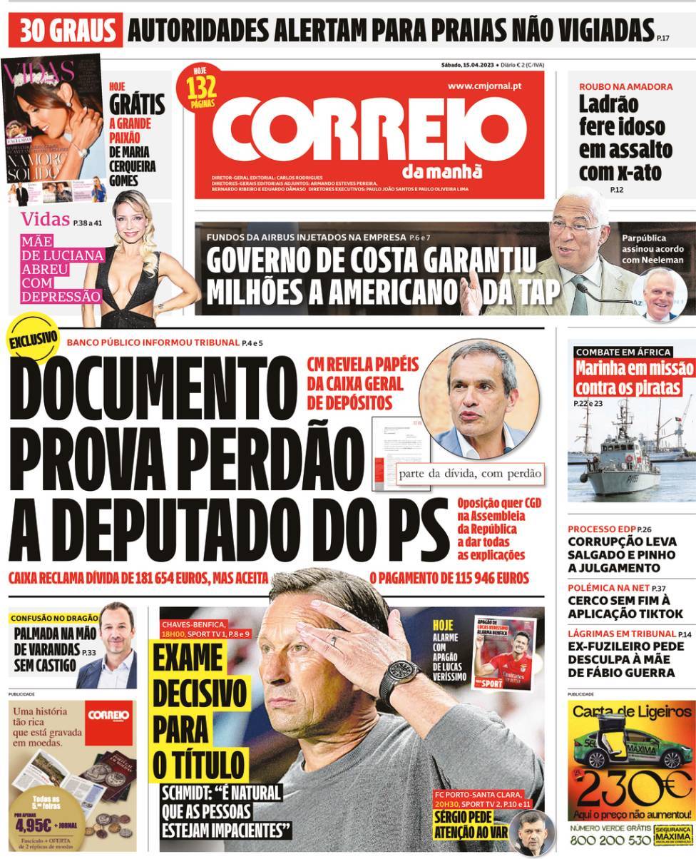 Correio da Manh&atilde;: Capa da Edi&ccedil;&atilde;o de s&aacute;bado, 15 de abril 2023