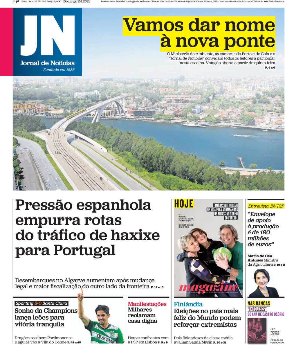 Jornal de Not&iacute;cias: Capa da Edi&ccedil;&atilde;o de domingo, 02 de abril 2023