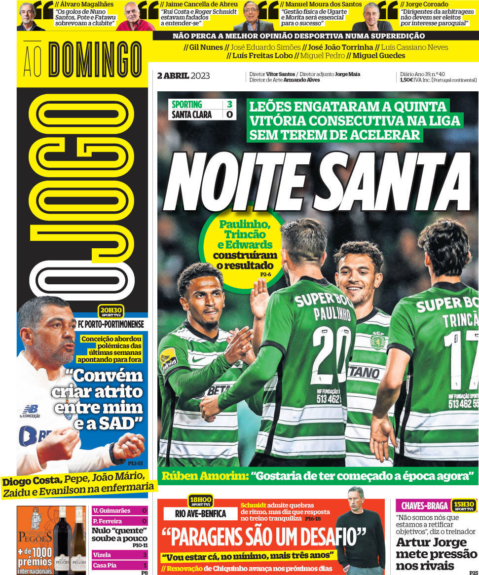 O Jogo: Capa da Edi&ccedil;&atilde;o de domingo, 02 de abril 2023