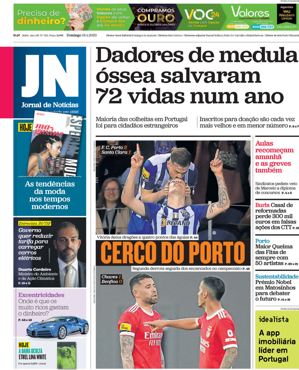 Jornal de Not&iacute;cias: Capa da Edi&ccedil;&atilde;o de domingo, 16 de abril 2023