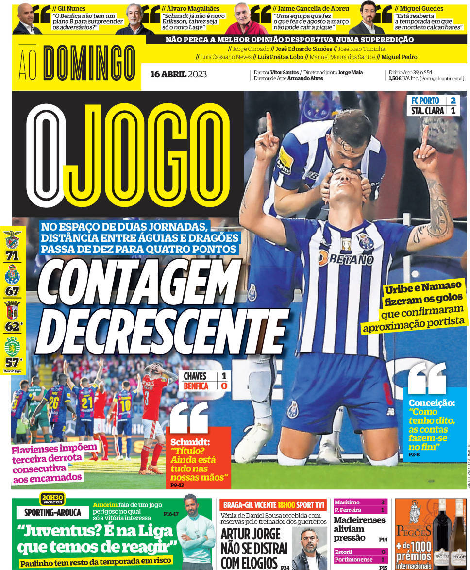O Jogo: Capa da Edi&ccedil;&atilde;o de domingo, 16 de abril 2023