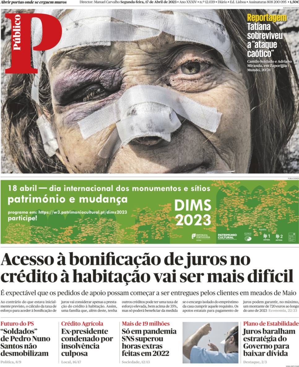 P&uacute;blico: Capa da Edi&ccedil;&atilde;o de segunda-feira, 17 de abril 2023