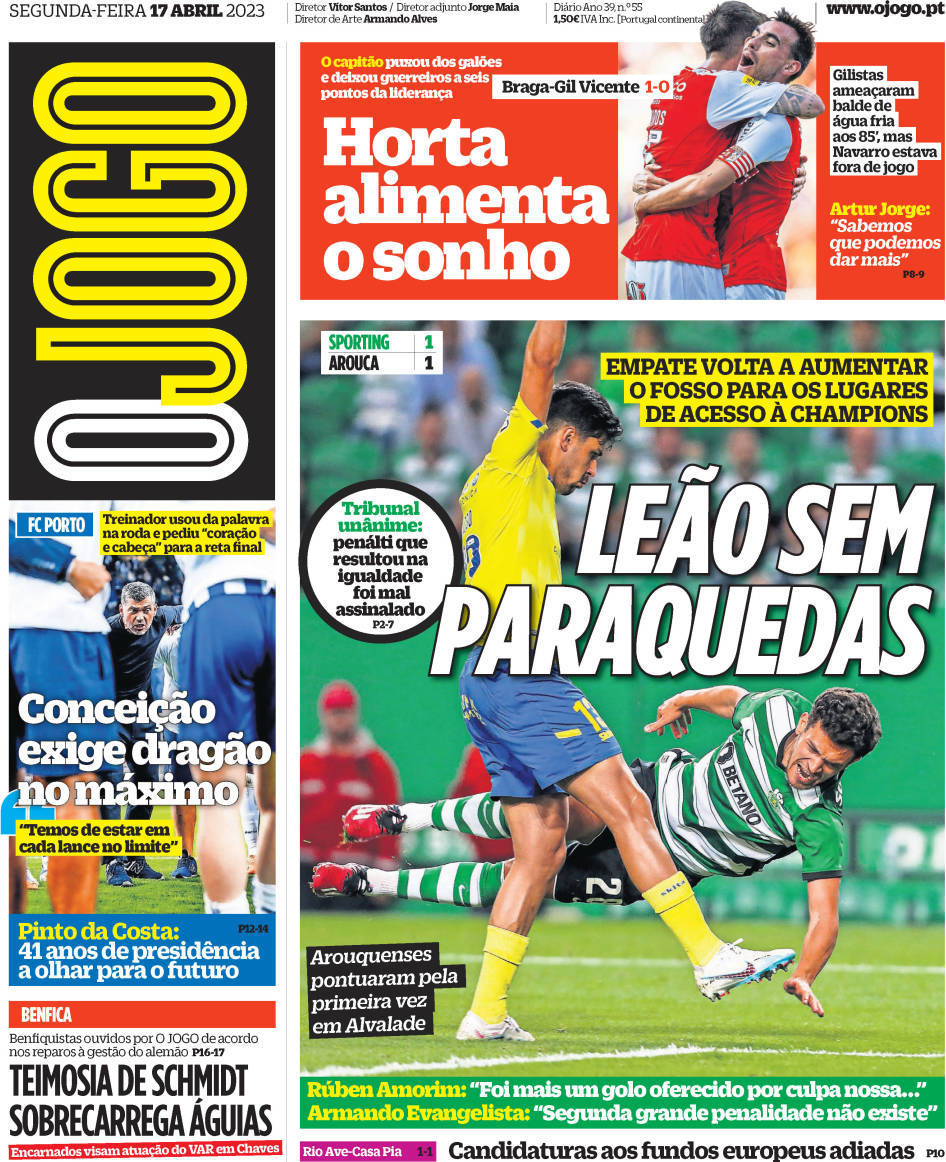 O Jogo: Capa da Edi&ccedil;&atilde;o de segunda-feira, 17 de abril 2023