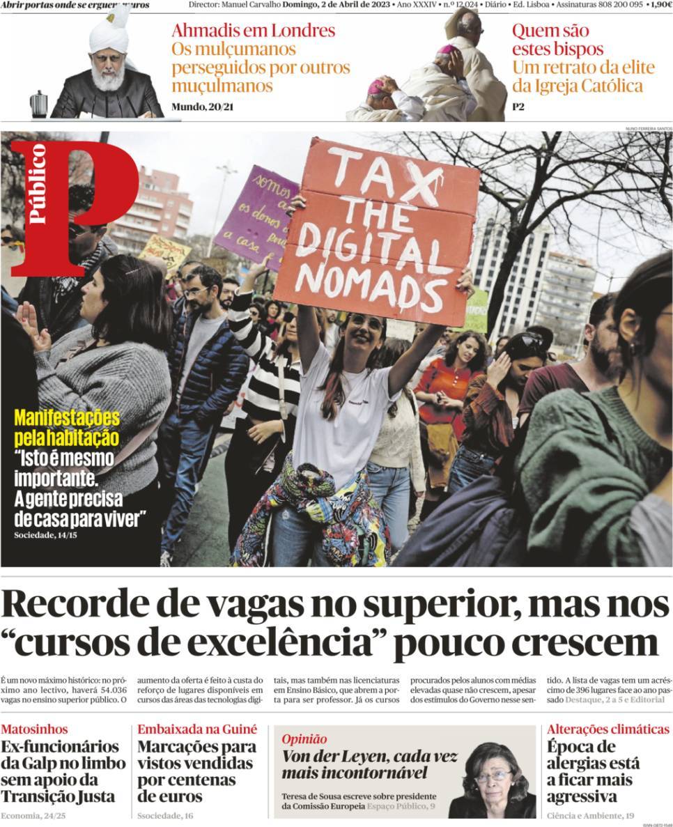 P&uacute;blico: Capa da Edi&ccedil;&atilde;o de domingo, 02 de abril 2023