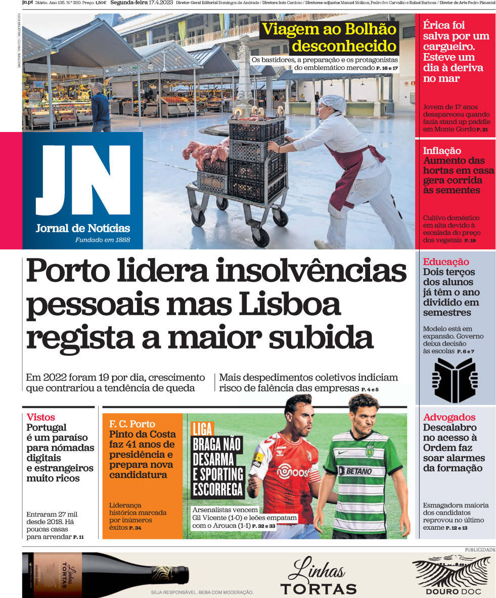 Jornal de Not&iacute;cias: Capa da Edi&ccedil;&atilde;o de segunda-feira, 17 de abril 2023
